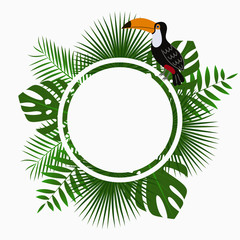 Tropical rounded card, poster or banner template with jungle palm tree leaves and toucan bird. Exotic background with space for text. Vector illustration. © Roman