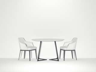 Two white chairs and table. 3d rendering