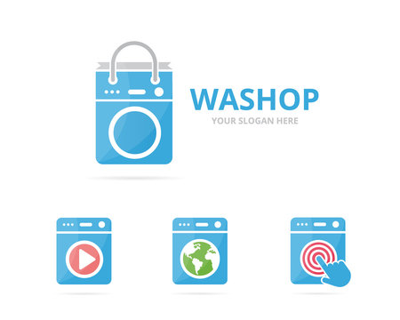 Set of laundry logo combination. Washing machine and shop symbol or icon. Unique washer and sale logotype design template.