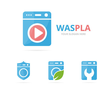 Set of laundry logo combination. Washing machine and record symbol or icon. Unique washer and audio, video logotype design template.