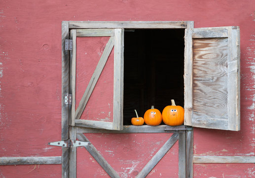 Pumpkins in barn window