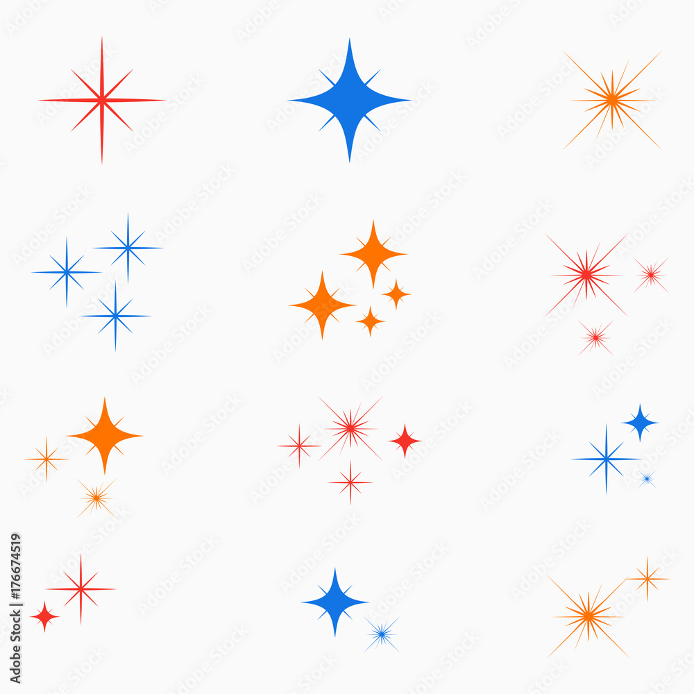 Poster sparkle stars. set of color glowing light effect sign. flashes starburst icon. vector illustration.