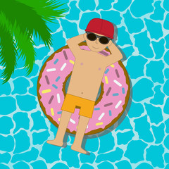 Young man floating on an inflatable circle in a swimming pool or sea or ocean. Boy in sunglasses and cap swimming in swim ring in donut form. Vector illustration.