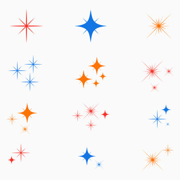Sparkle stars. Set of color glowing light effect sign. Flashes starburst icon. Vector illustration.