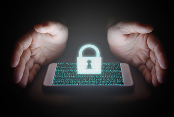 Cyber system security. woman hand protection network data with lock icon and virtual screens on smartphone.