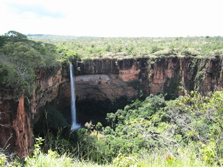 Landscape of the Guimar&atilde;es Plateau with waterfall, Brazil