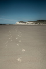 Walking to Cap Blanc Nez. Footsteps in the sand of a beach leading to Cap Blanc Nez cretaceous cliff.
