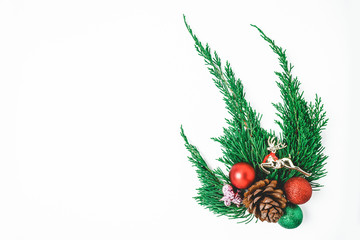 Decorated Christmas  on white background. New Year concept. Flat lay.