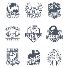 Fototapeta premium Monochrome fitness emblem design element gym sport club strong equipment silhouette vector illustration.
