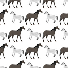 Horse pony stallion seamless pattern color farm equestrian animal characters vector illustration.