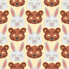 Cartoon animal bear rabbit party masks vector holiday illustration party fun seamless pattern background.