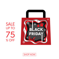 Black Friday sale in abstract multi layers including white, red, grey colors papercut art and craft style poster concept design with hanging little gift boxes in shopping bag. Vector Illustration
