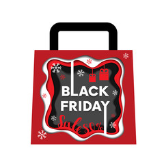 Black Friday sale 80% in abstract multi layers including white, red, grey colors papercut art and craft style poster concept design with hanging little gift boxes in shopping bag. Vector Illustration