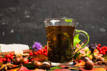 Cup of tea with autumn leaves, nuts, berries and spices on the rustic background. Shallow depth of field.