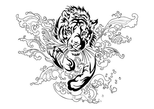 silhouette trier run and jump in splash river with oriental ornament tribal ink drawing tattoo  vector with white isolated background