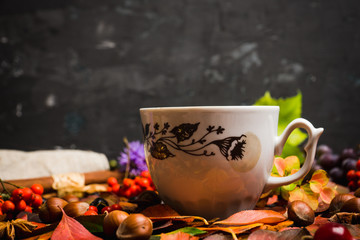 Cup of tea with autumn leaves, nuts, berries and spices on the rustic background. Shallow depth of field.