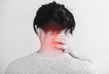 a man touching his neck with red highlight of back neck pain concept, on white background