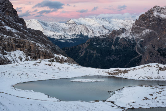 Lake in the mountain valley in the Italy. Beautiful natural landscape in the Italy mountains.