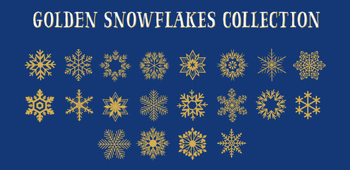 Gold Snowflakes Winter & Merry Christmas Vector Set - obrazy, fototapety, plakaty