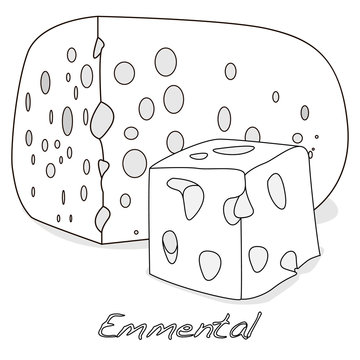 A piece of emmental cheese on white background. Dairy product, attribute of healthy eating.