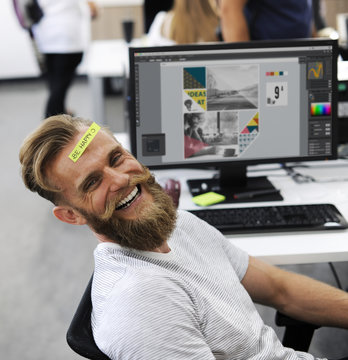 Man Having Be Happy Sticky Note on Forehead Durin Office Break Time