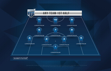 football league or world tournament broadcast substitues graphic template design, football substitues broadcast graphic for soccer starting lineup squad blue color © geengraphy