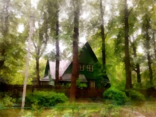 A cozy wooden house hid in thickets among tall, slender pines and bushes on the old paper background