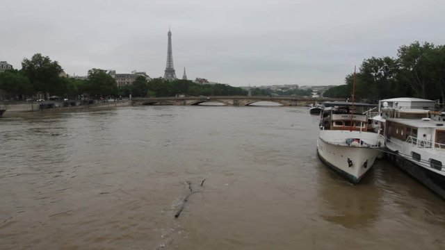 Flood of the Seine river in Paris reaches six meters above normal levels near Eiffel Tower, France