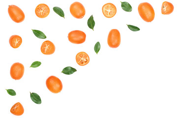 Cumquat or kumquat with leaf on blue wooden background with copy space for your text. Top view. Flat lay pattern