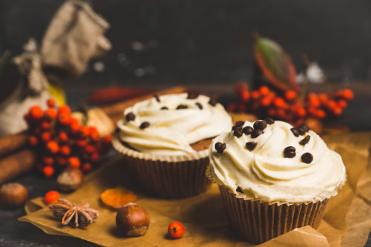 Cupcakes with autumn decorations on the rustic wooden background. Shallow depth of field. Toned image.