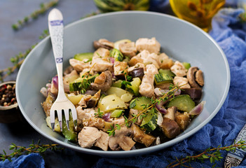Delicate slices of chicken fillet with zucchini and mushrooms stewed with Italian herbs. Healthy eating. The right way of life.