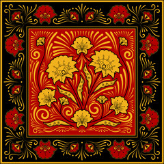 Crafted folk floral pattern vector. Square scarf design. Flower silk batik print. Template for russian shawl, khokhloma ornament jewelry box, ethnic tablecloth textile, persian rug, vintage medallion.