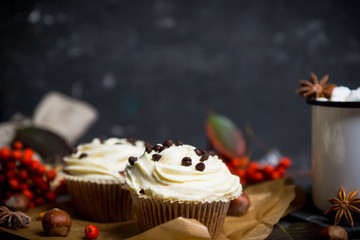 Cupcakes with autumn decorations on the rustic wooden background. Shallow depth of field.