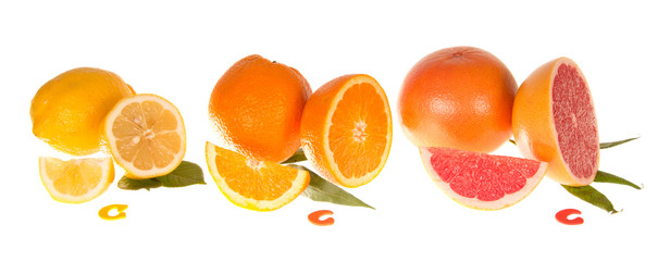 Lemon, orange, grapefruit and chopped slices  on white