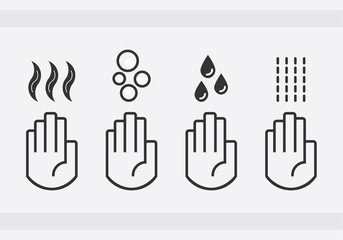 Black isolated washing hands with water drops, soap, and blow dryer air sign icons set on gray background