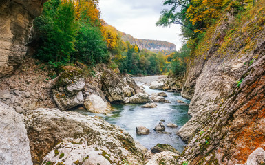 landscape the rocky bed of a mountain river in autumn