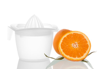 Handmade juicer, whole orange and slice, isolated on white background