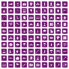 100 natural disasters icons set grunge purple