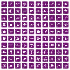 100 nature icons set grunge purple