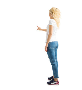 Woman Pointing With Finger On White Background