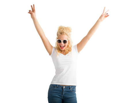 Hipster woman with sun- glasses  with hands up