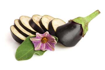 sliced eggplant or aubergine vegetable with flower isolated on white background