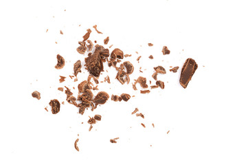 grated chocolate isolated on white background. Top view