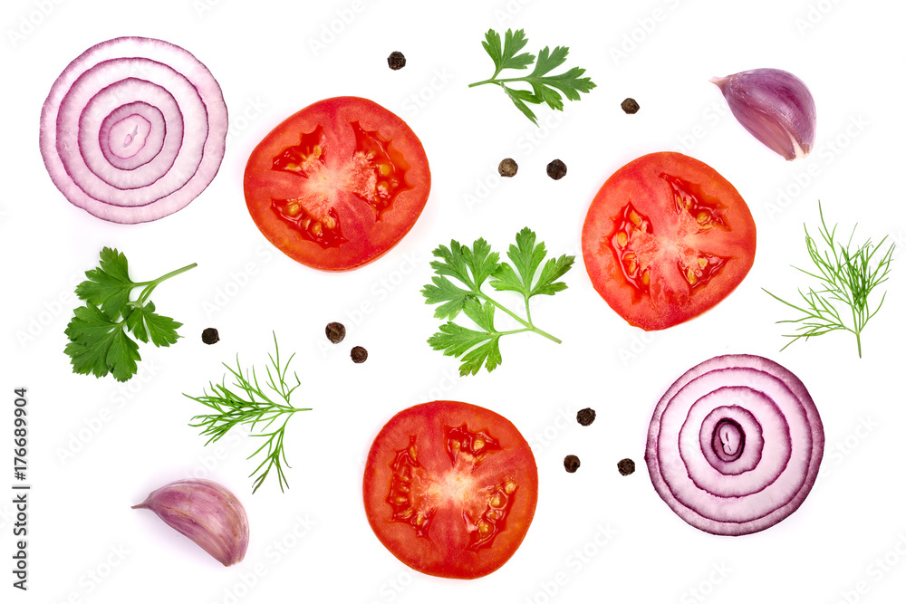 Wall mural tomato slice with parsley leaves, dill, onion, garlic and peppercorns isolated on white background. Top view