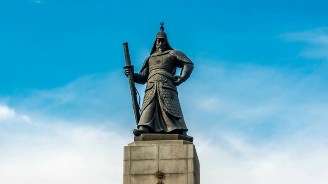 Seoul, South Korea - Taking the statue of Admiral Yi Sun-shin as Time lapse in Gwanghwamun. Zoom out