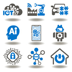 Internet Of Things (IOT), Artificial Intelligence (AI), Connectivity, Innovative Smart Cyber Security Digital Information Technologies (IT) Vector Icon Set. Mind Home, Industry, Communication Network.