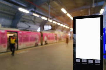 mock up blank advertising billboard with copy space for your text message or media and content at subway or sky train station, commercial, marketing and advertising concept