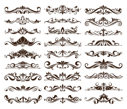 Vintage ornaments design elements floral curlicues white background curbs frame corners stickers decoration on white background.