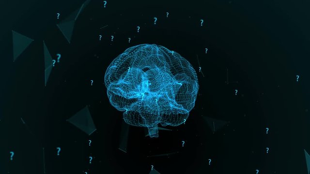 The human brain from the plexus. Blue abstract futuristic science and technology background. Plexus and question marks swirl around the human brain. Loop animation.