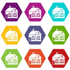 Large single-storey house icon set color hexahedron
